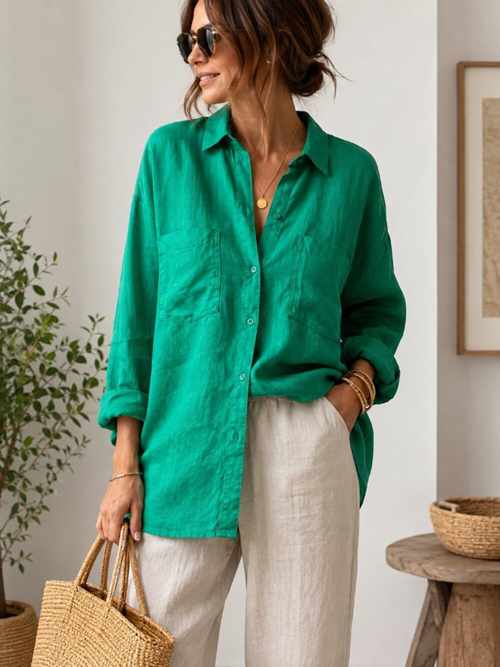 Форма Forma Limited Edition 100% Linen Oversized Button Down Shirt Green L